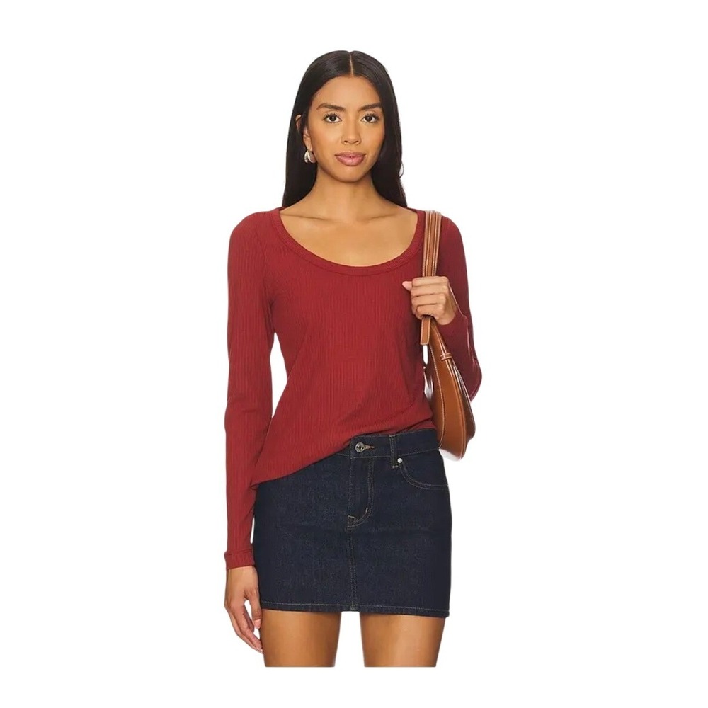 Spanx Long Sleeve Rib Jersey Fabric‎ Scoop Neck Tee Moroccan Red Size S NWT